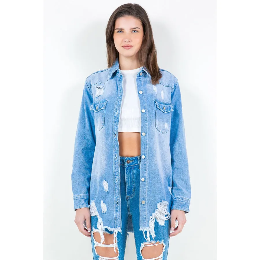 American Bazi Frayed Hem Distressed Denim Shirt Jacket