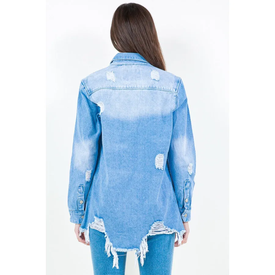 American Bazi Frayed Hem Distressed Denim Shirt Jacket