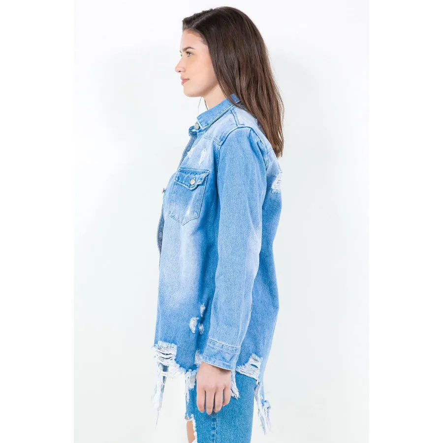 American Bazi Frayed Hem Distressed Denim Shirt Jacket