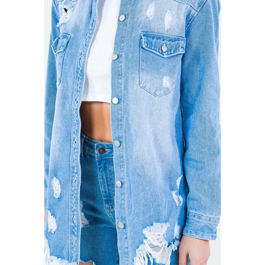 American Bazi Frayed Hem Distressed Denim Shirt Jacket