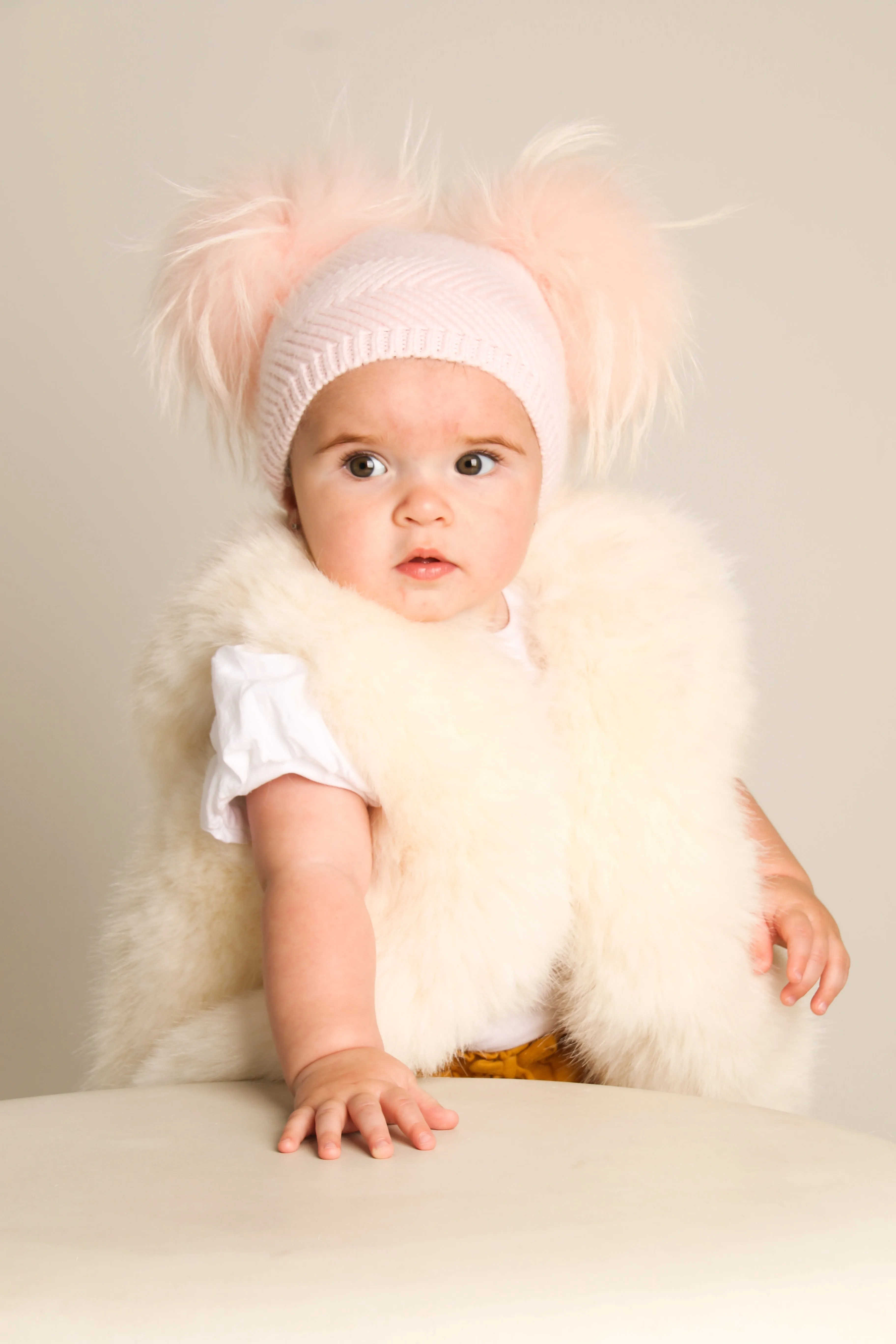 Baby Pink Double Raccoon Fur Pom Pom Hat