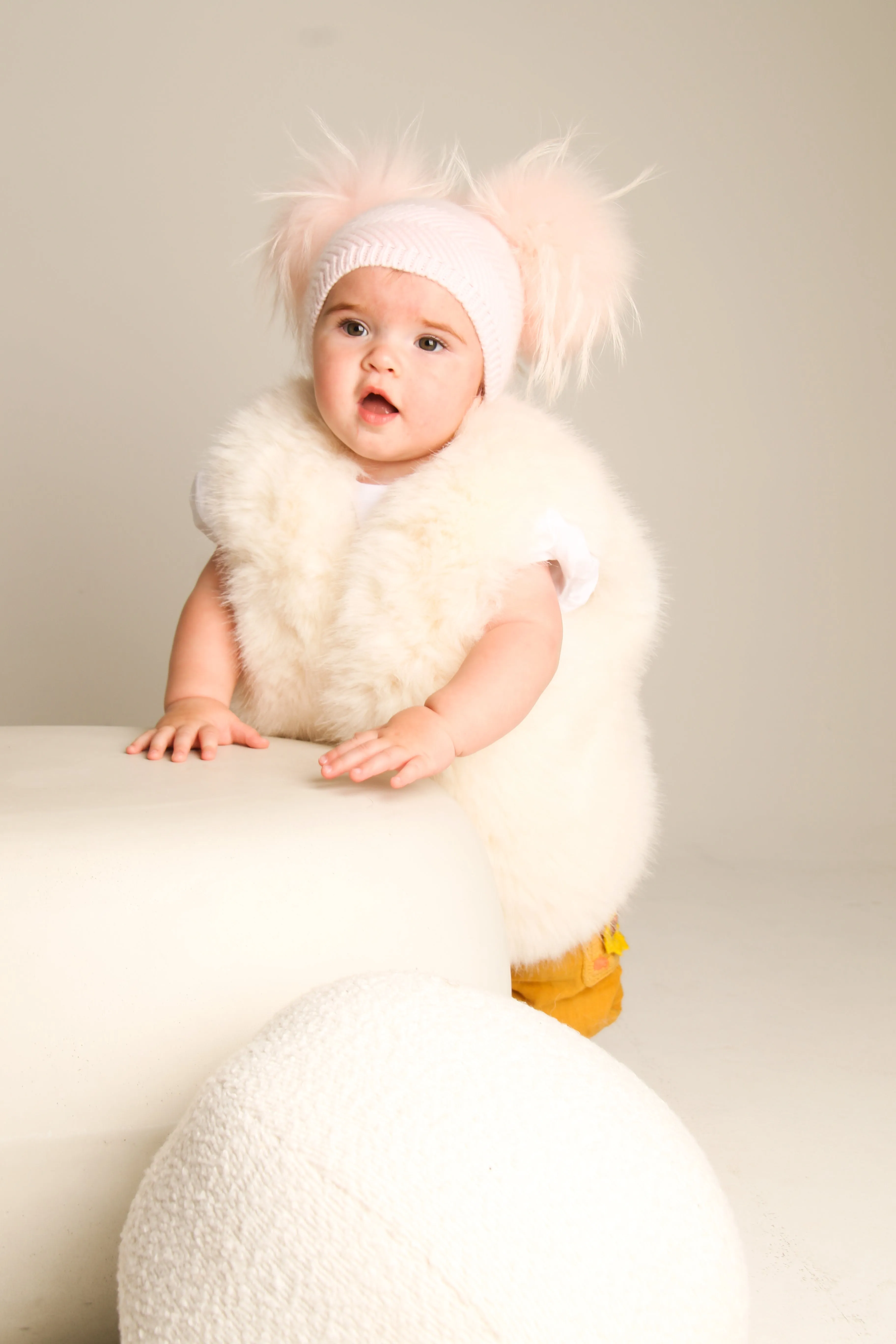 Baby Pink Double Raccoon Fur Pom Pom Hat