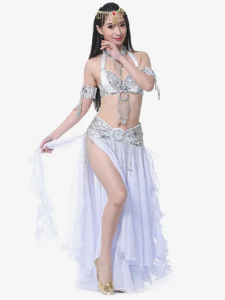 Belly Dance Costumes Split Rhinestones Ruffle Chiffon Women Performance Costume Halloween