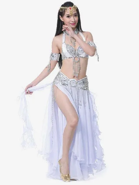 Belly Dance Costumes Split Rhinestones Ruffle Chiffon Women Performance Costume Halloween