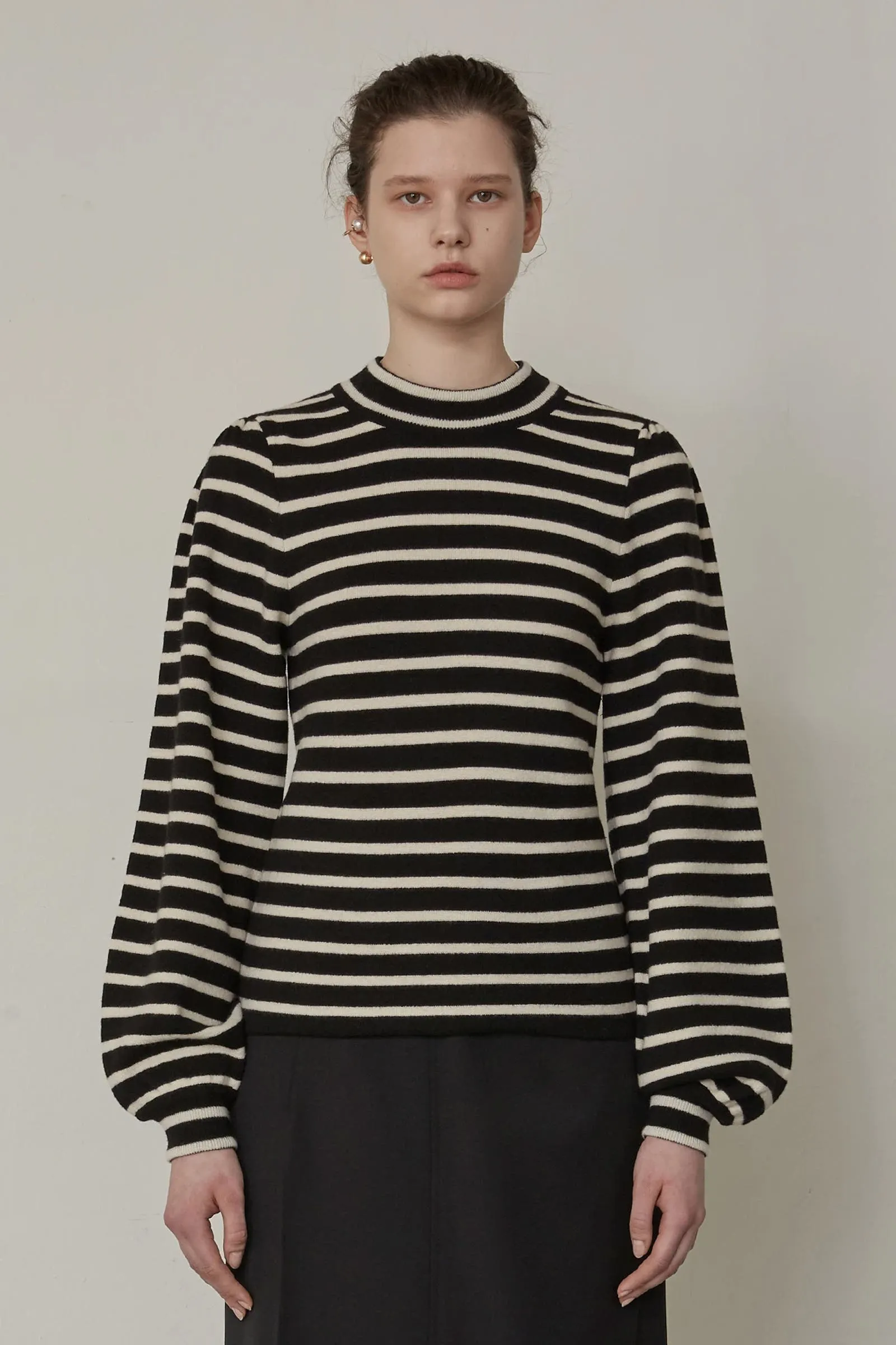 Black Ballon Sleeve Striped Wool Sweater