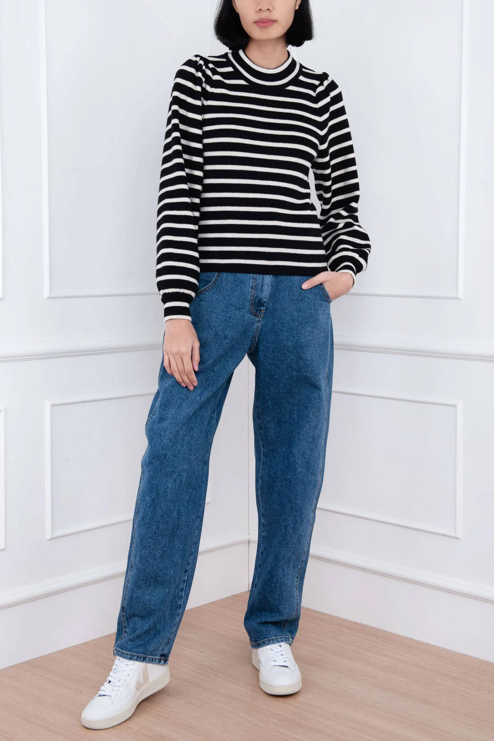 Black Ballon Sleeve Striped Wool Sweater