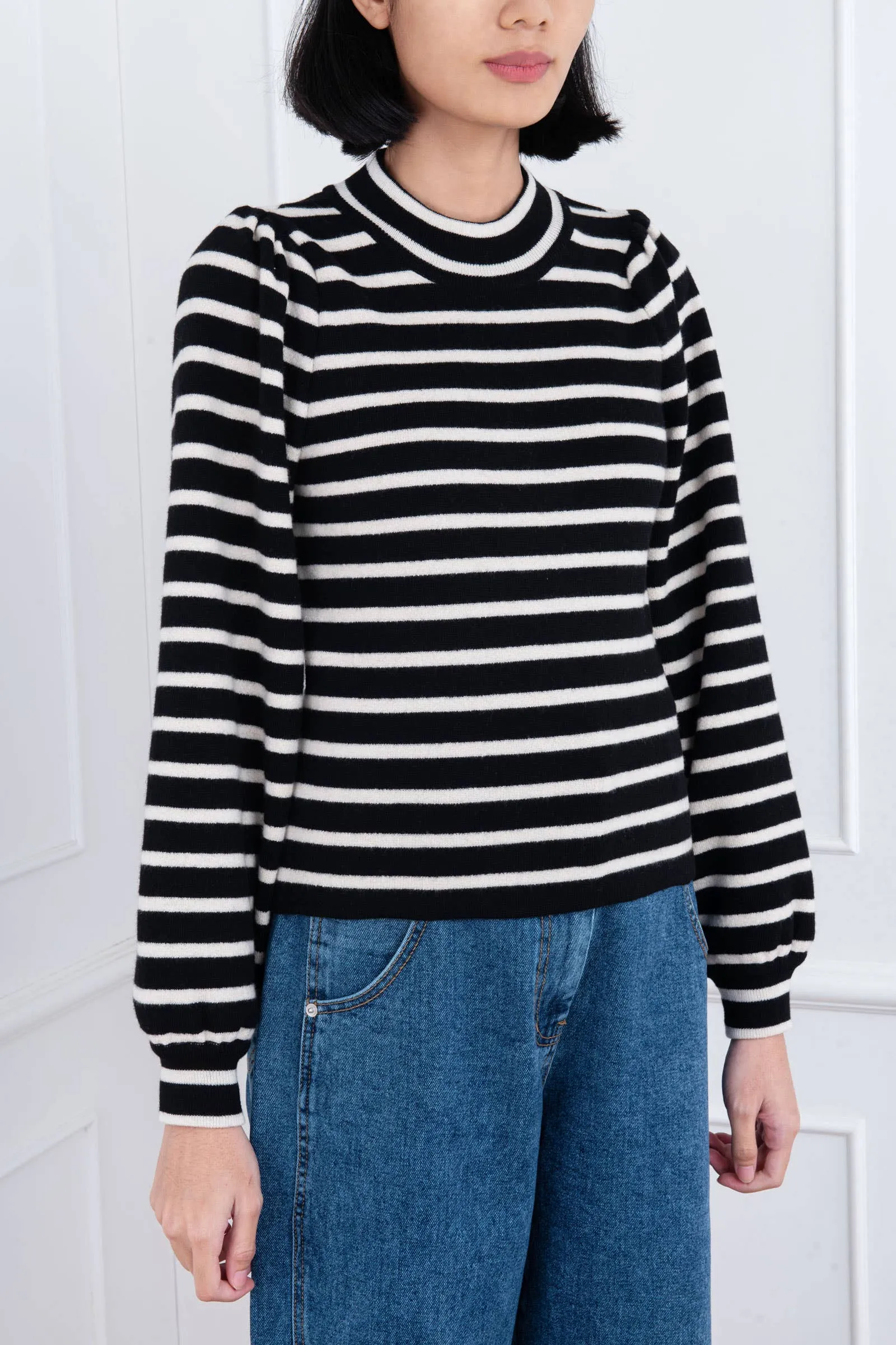 Black Ballon Sleeve Striped Wool Sweater