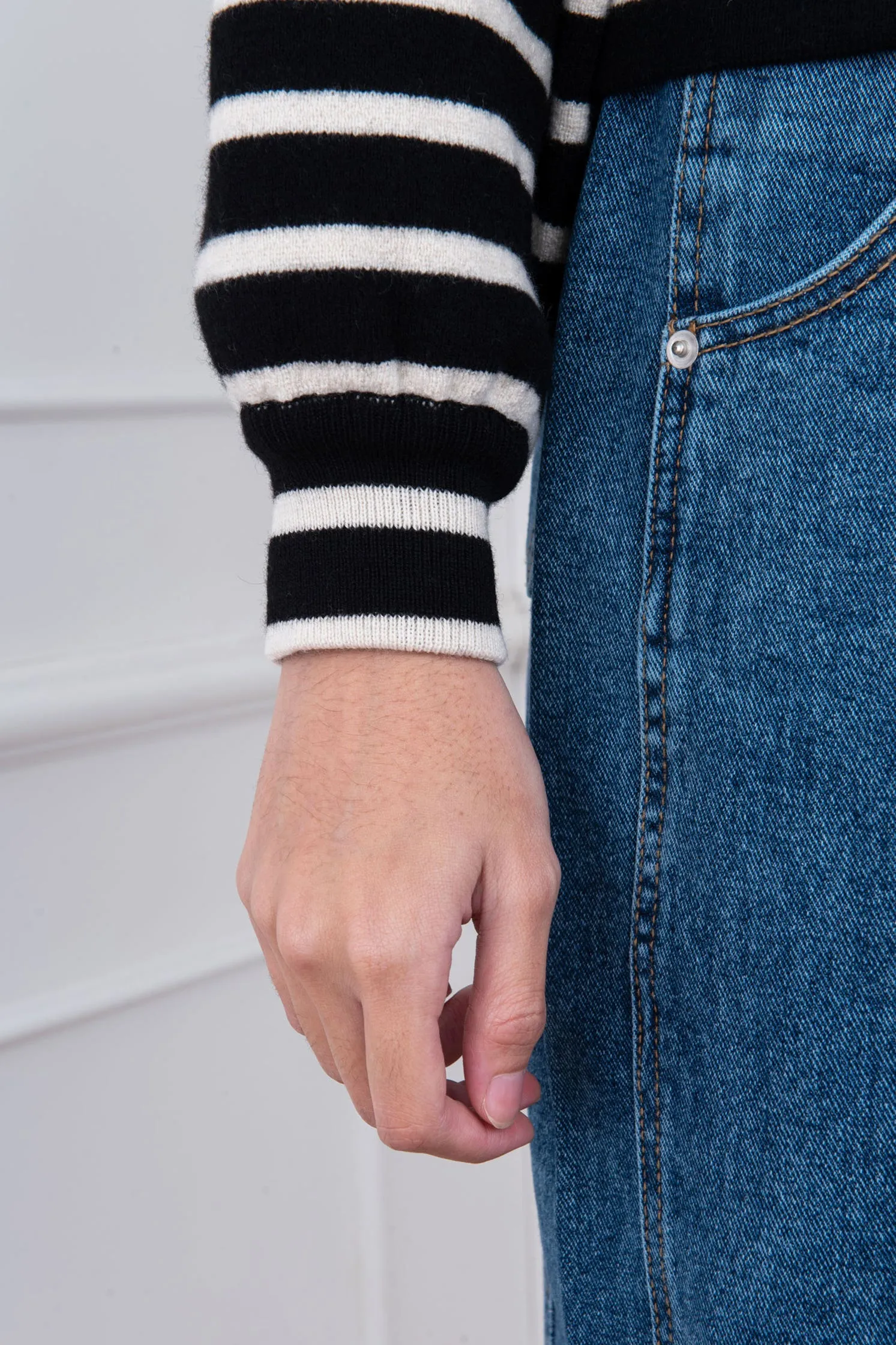 Black Ballon Sleeve Striped Wool Sweater