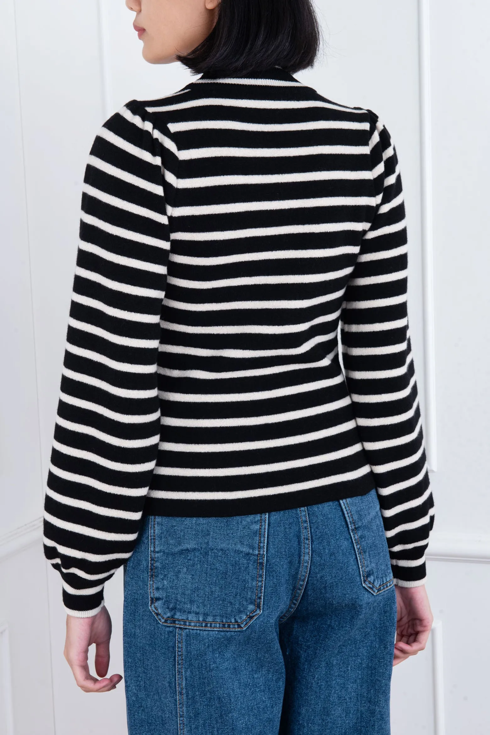 Black Ballon Sleeve Striped Wool Sweater