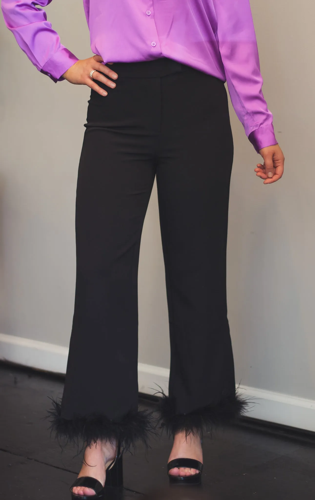 Black Feather Trim Trouser Pants