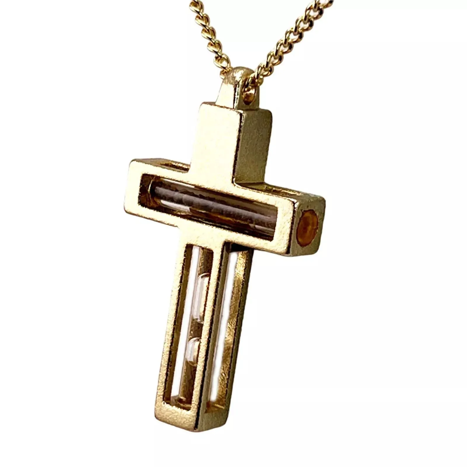 Blessed Metal Cross Pendant Necklace w/ Holy Water & Soil Jerusalem 34cm/13.5