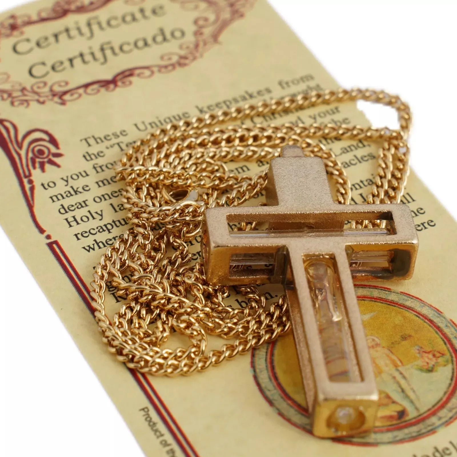 Blessed Metal Cross Pendant Necklace w/ Holy Water & Soil Jerusalem 34cm/13.5