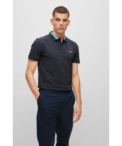 Boss Stretch-cotton slim-fit polo shirt with logo inserts