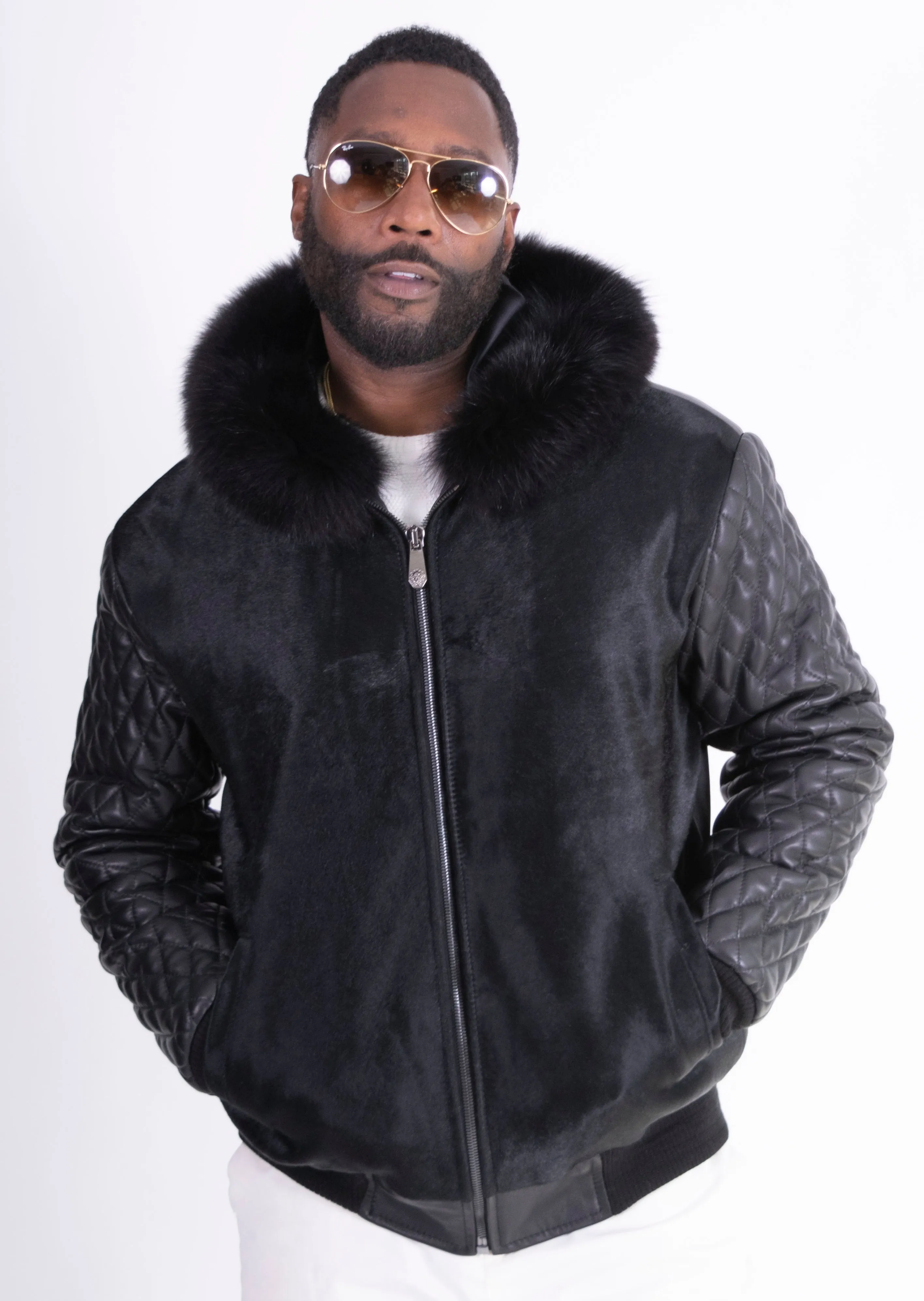 Calf skin (pony) jacket with leather quilted sleeves. Fur trimmed hood. Style #3425H