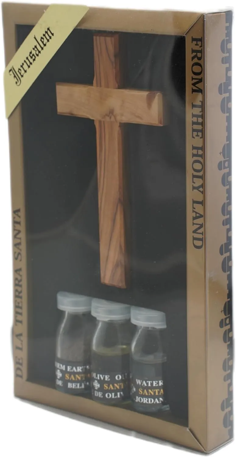 Christian Blessing Kit Set w/ Traditional Cross, Olive Oil, Holy Water & Bethlehem Soil 8/20cm