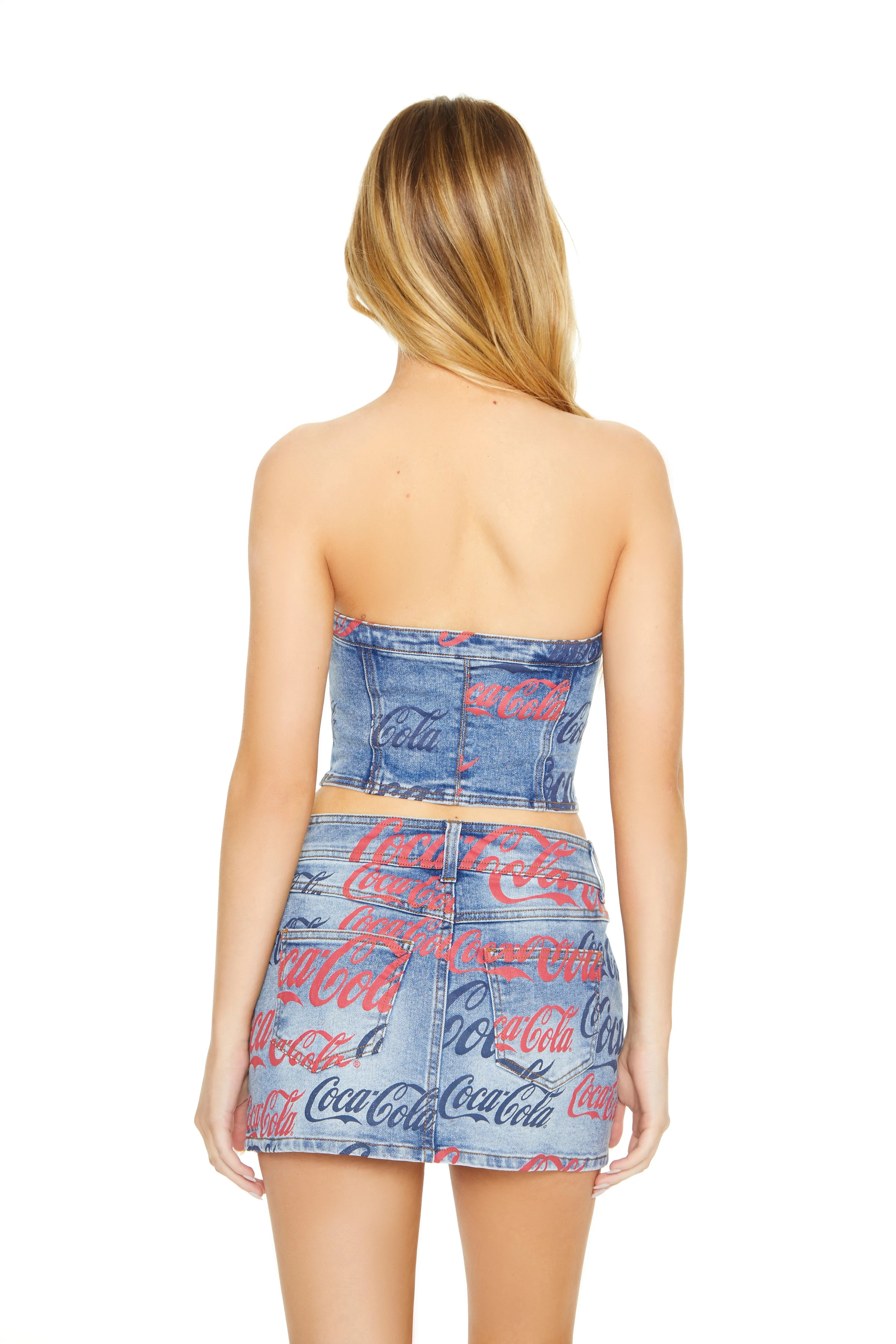 Coca Cola Print Button Front Denim Tube Top