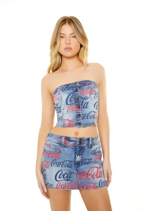 Coca Cola Print Button Front Denim Tube Top