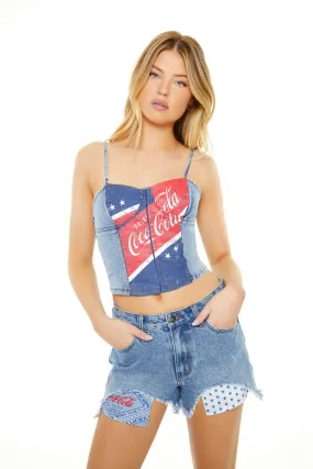 Coca Cola Print Denim Bustier Top