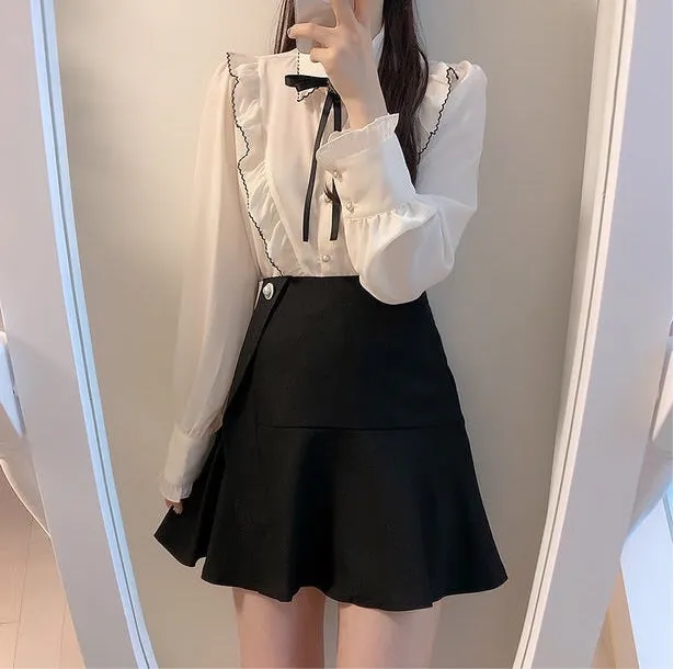 Dark Academia Victorian Shirt with Black Bow