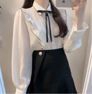 Dark Academia Victorian Shirt with Black Bow