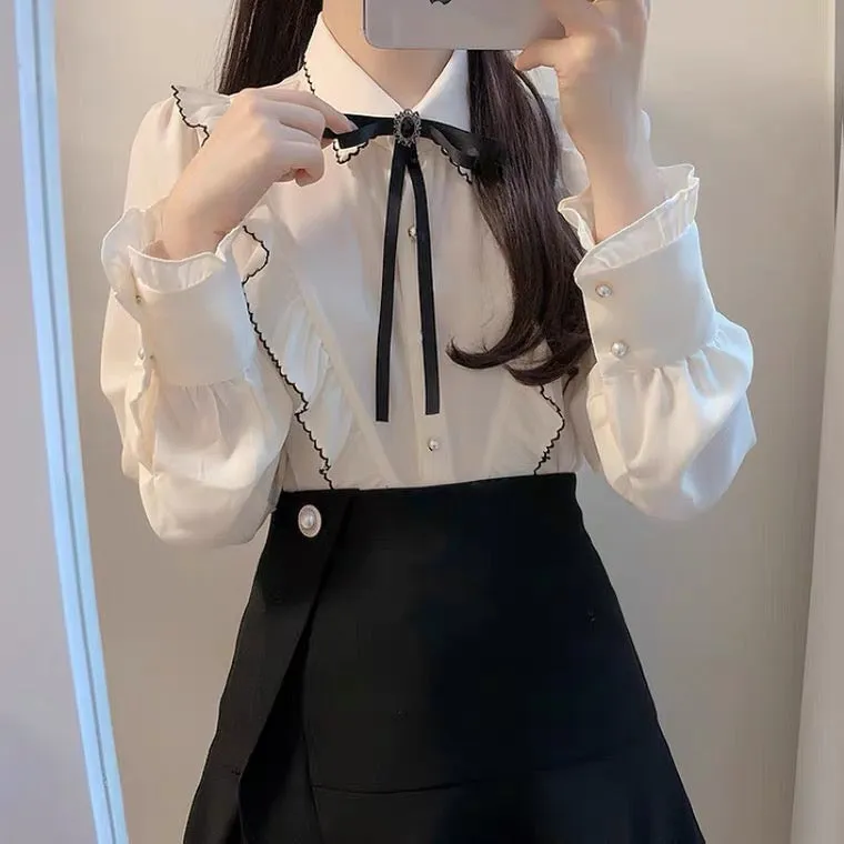 Dark Academia Victorian Shirt with Black Bow