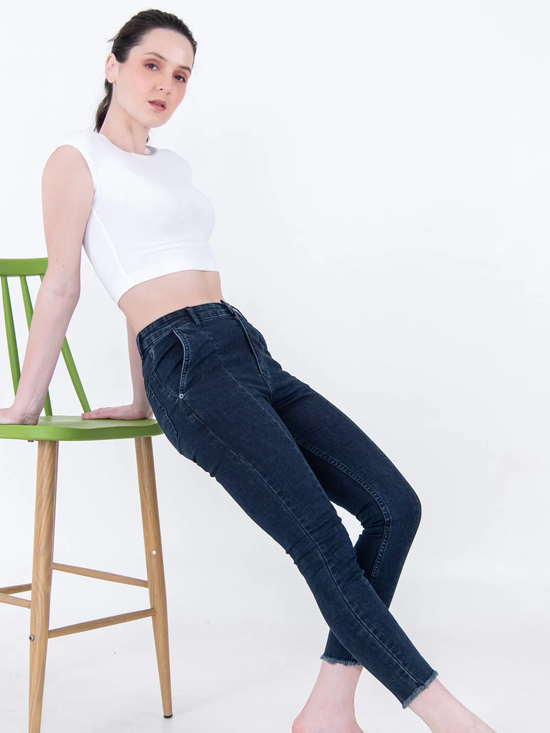 Dark Blue Pleated Skinny Fit Jeans For Women