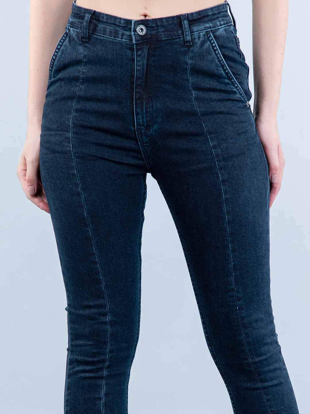 Dark Blue Pleated Skinny Fit Jeans For Women