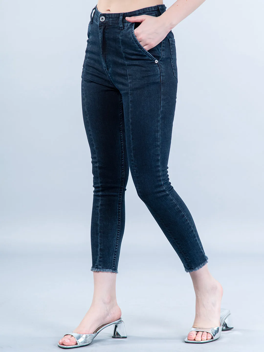 Dark Blue Pleated Skinny Fit Jeans For Women