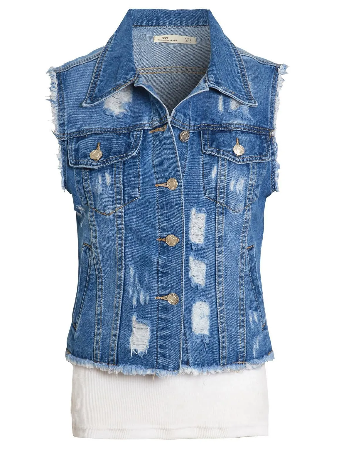 Distressed Ripped Denim Waistcoat Jacket, UK Sizes 8 to 12