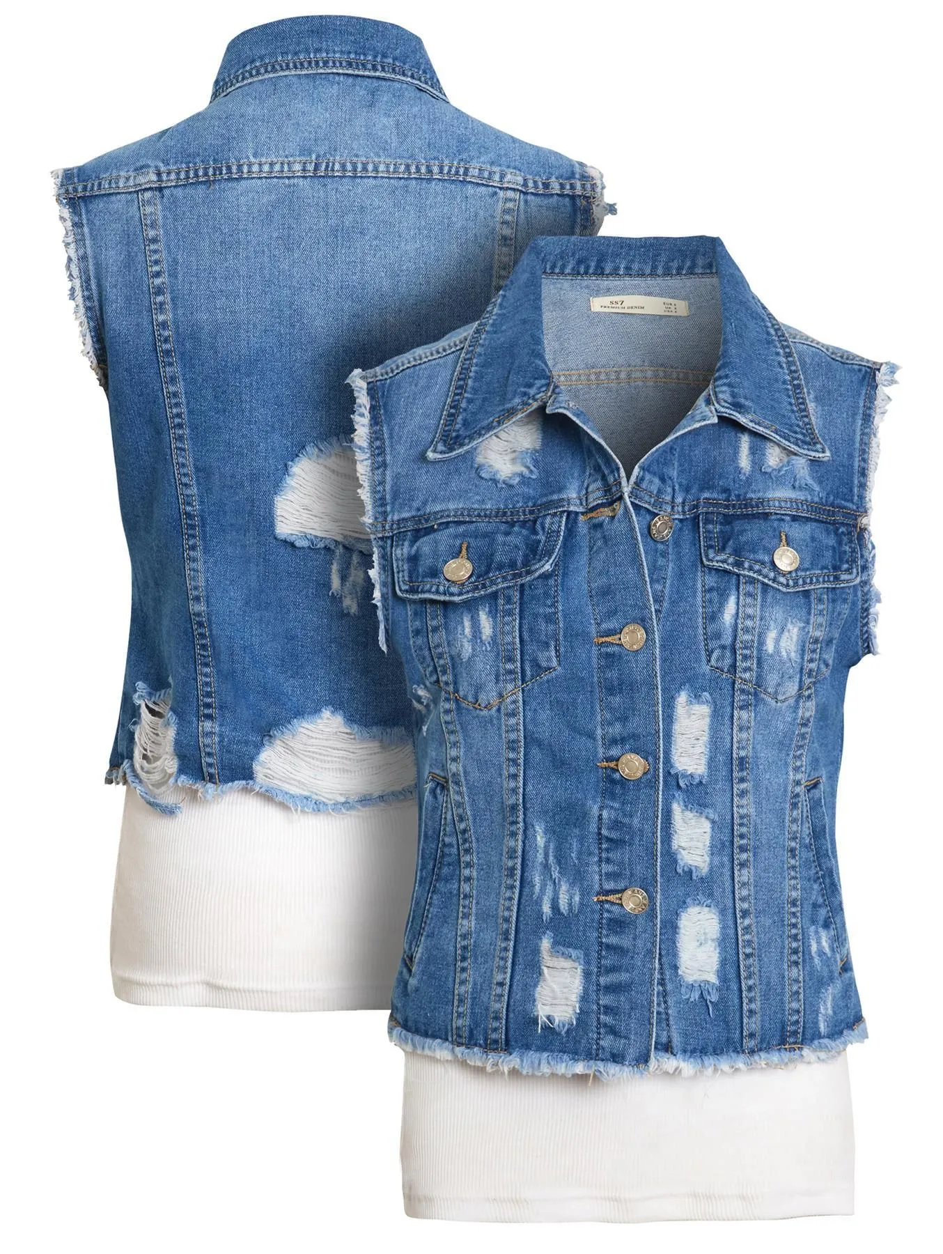 Distressed Ripped Denim Waistcoat Jacket, UK Sizes 8 to 12