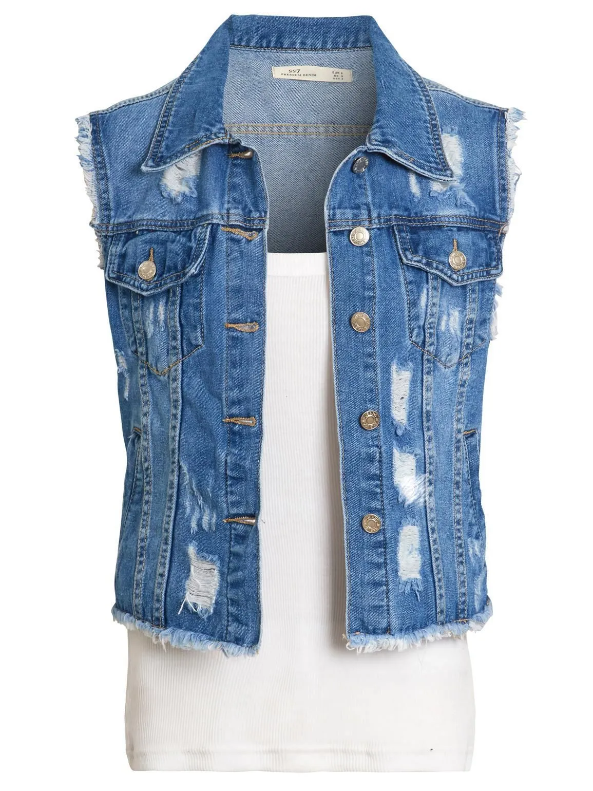 Distressed Ripped Denim Waistcoat Jacket, UK Sizes 8 to 12