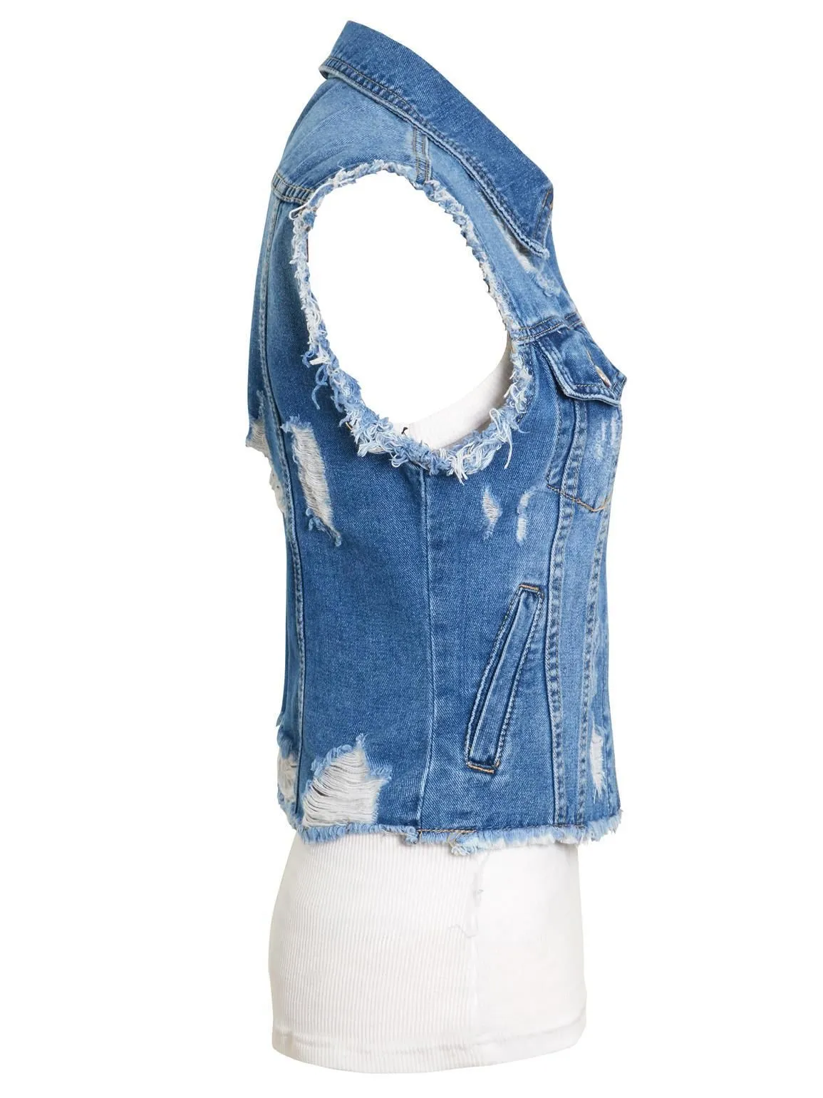 Distressed Ripped Denim Waistcoat Jacket, UK Sizes 8 to 12