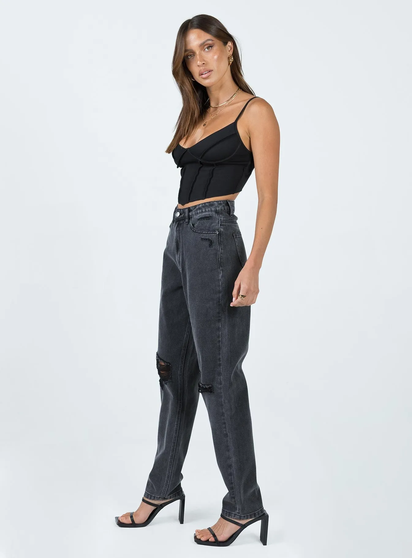 Emmette High Waisted Mom Jean Washed Black