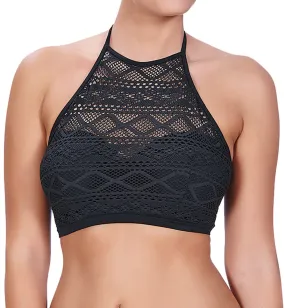 Freya Sundance Crochet Padded Underwire High-Neck Crop Top Bikini (3973) - Black