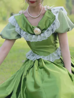 Green  Retro Tudor Dress Costumes  Flowers Polyester Dress Marie Antoinette Costume Women's Retro Party Prom Dress