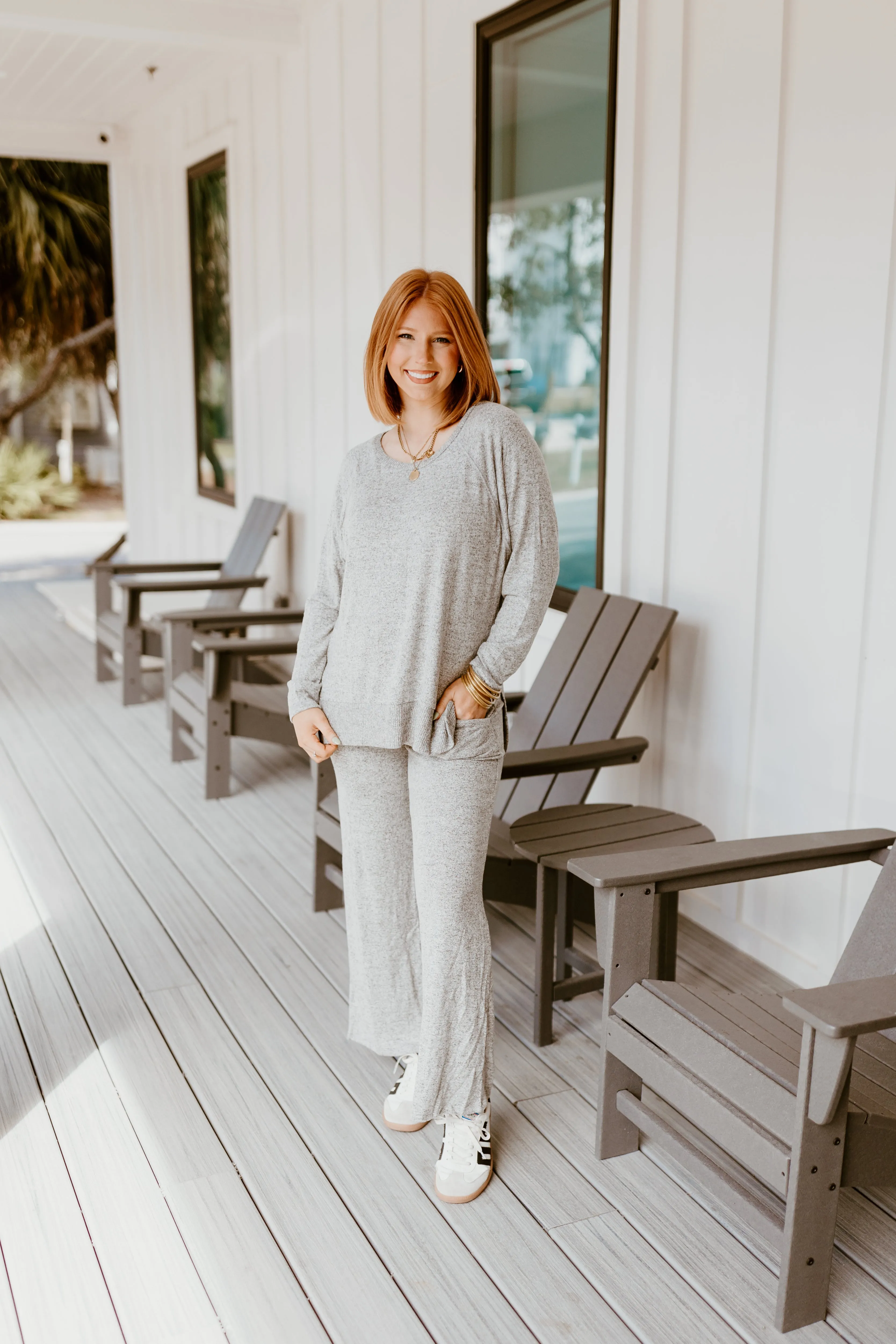 Grey Brushed Knit Long Sleeve Top and Pant Set