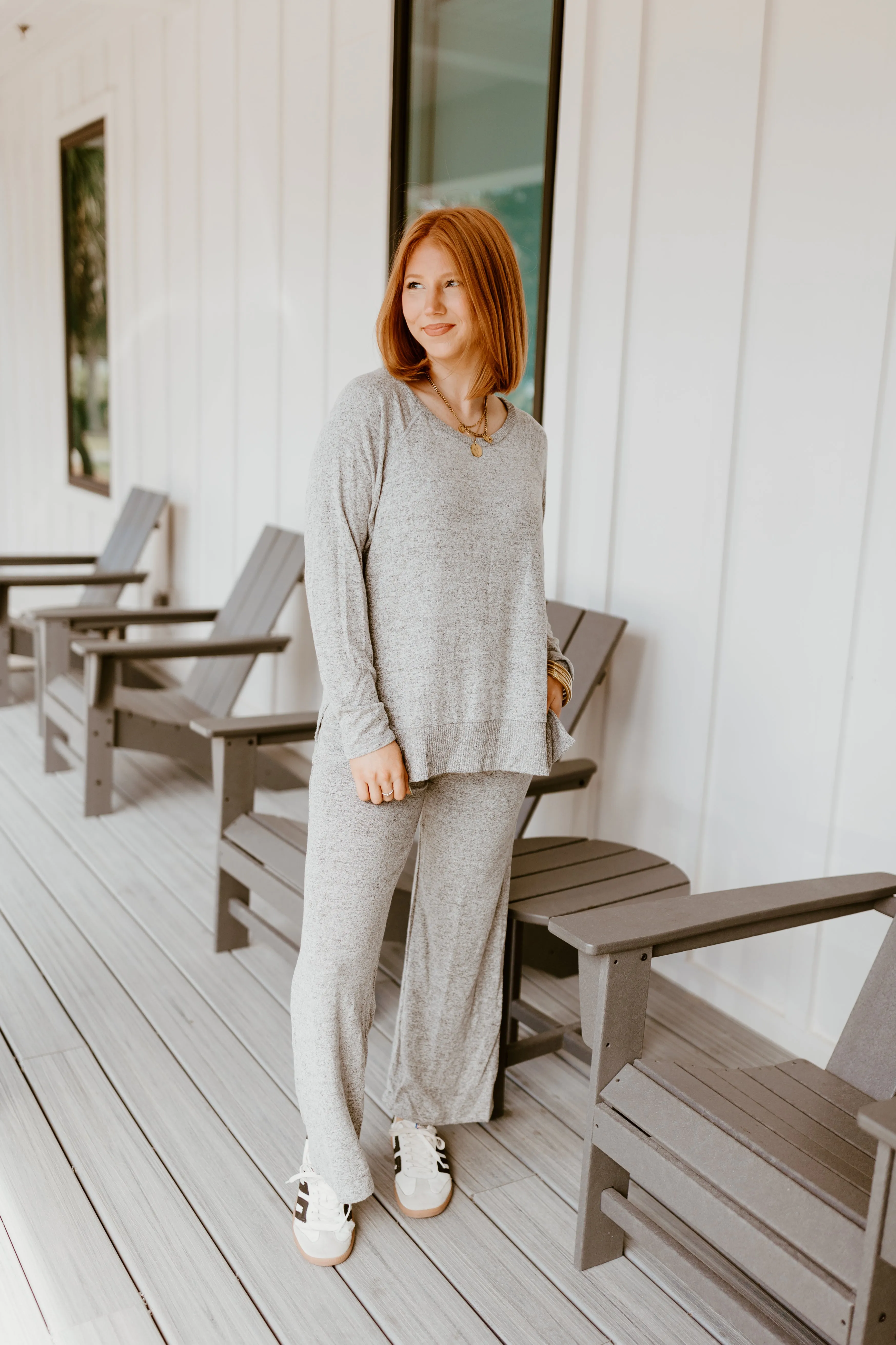 Grey Brushed Knit Long Sleeve Top and Pant Set