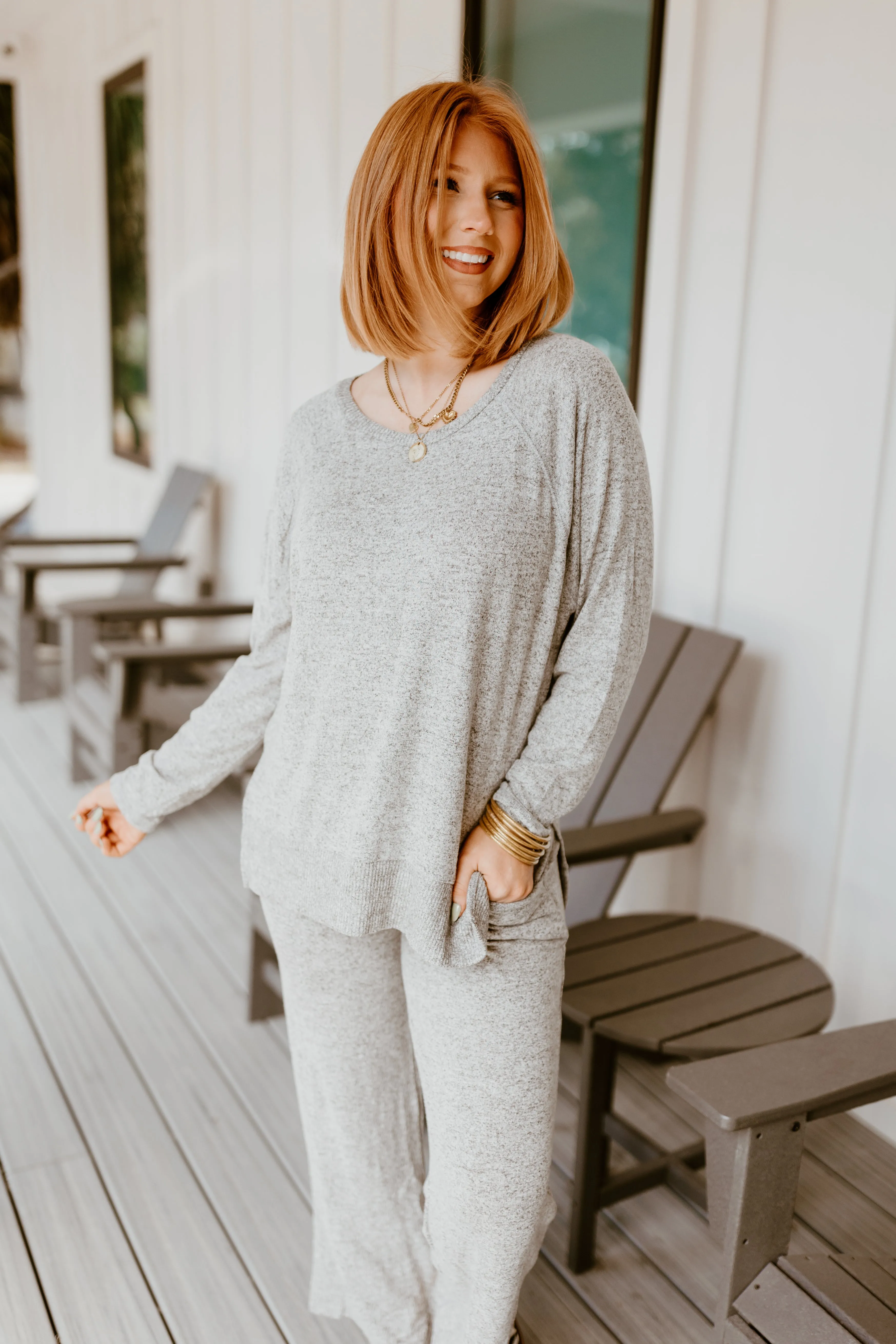 Grey Brushed Knit Long Sleeve Top and Pant Set