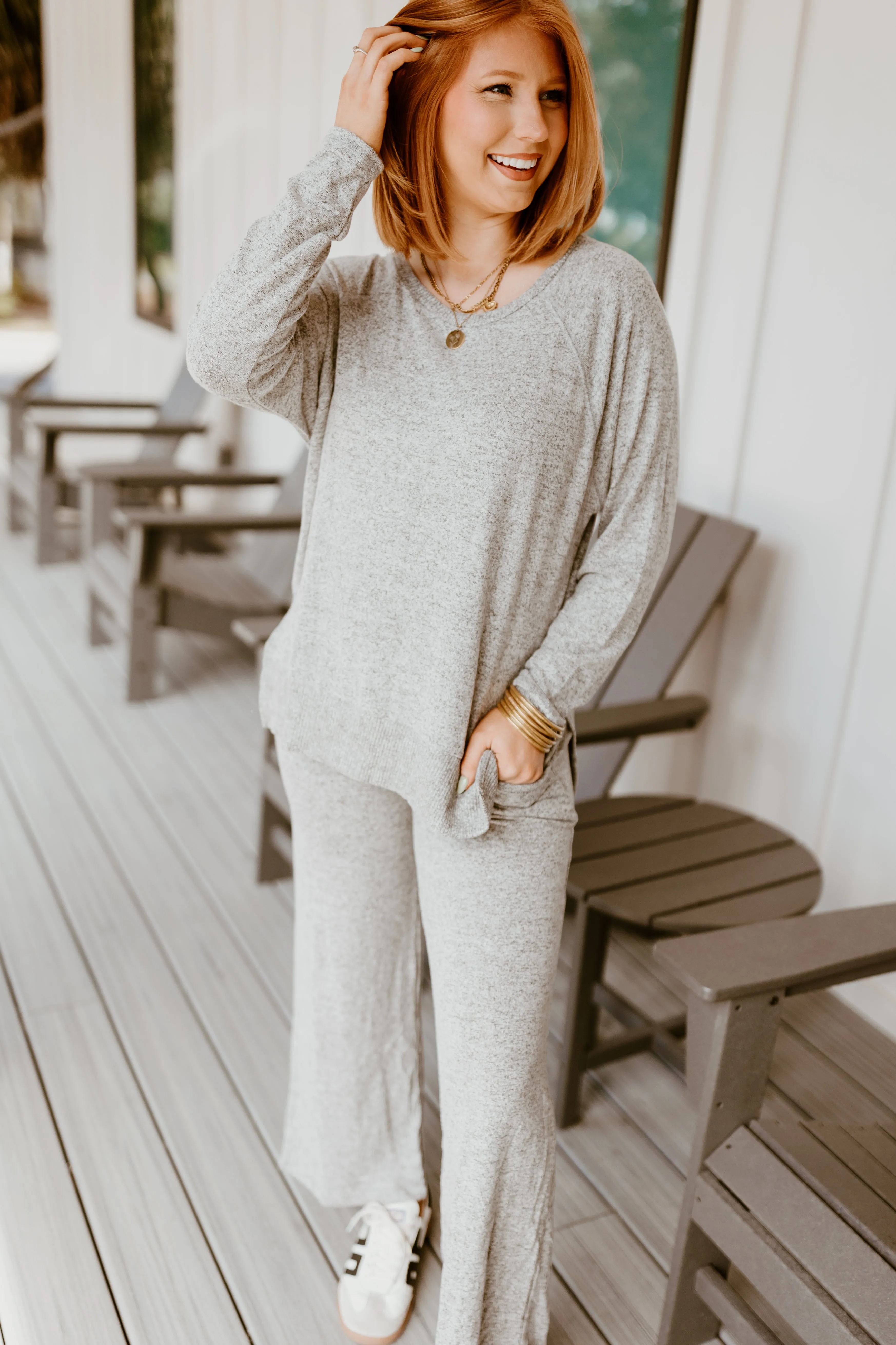 Grey Brushed Knit Long Sleeve Top and Pant Set