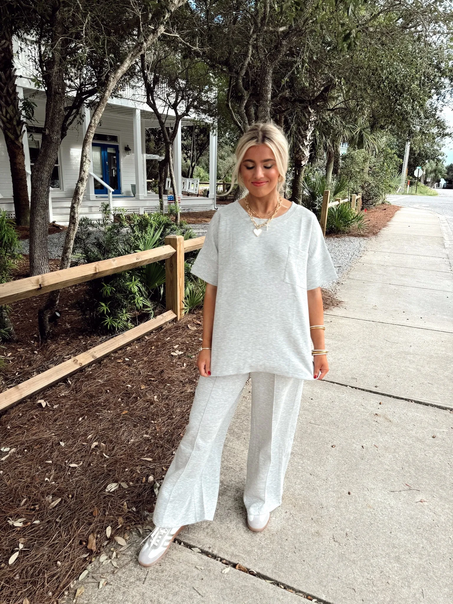 Heather Grey Short Sleeve Top and Wide Leg Pant Set