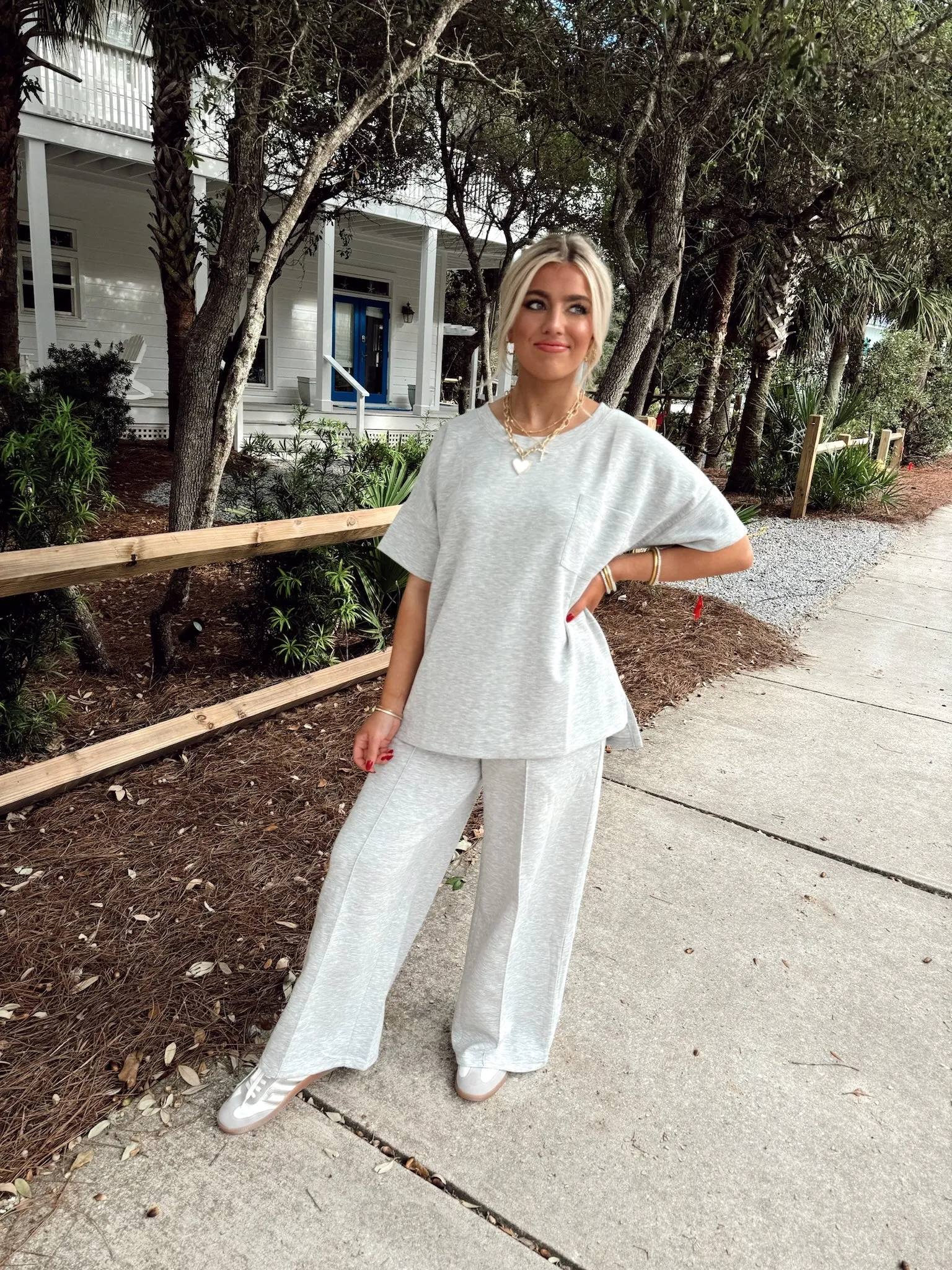 Heather Grey Short Sleeve Top and Wide Leg Pant Set