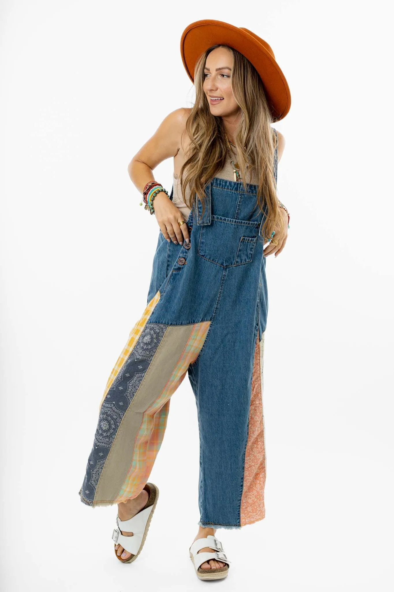 High Hopes Slouchy Denim Overalls - Patchwork