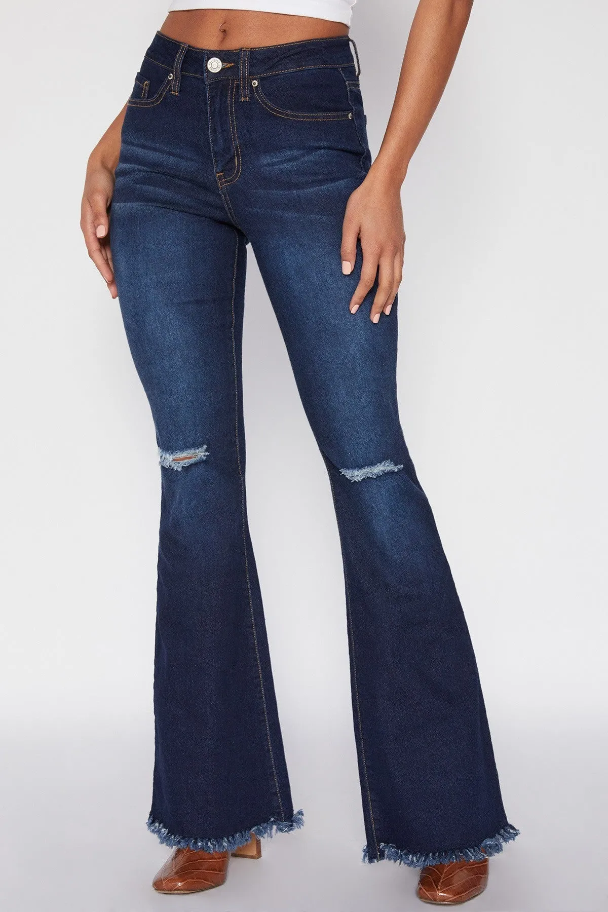 High-Rise Flared Jeans With Frayed Hem