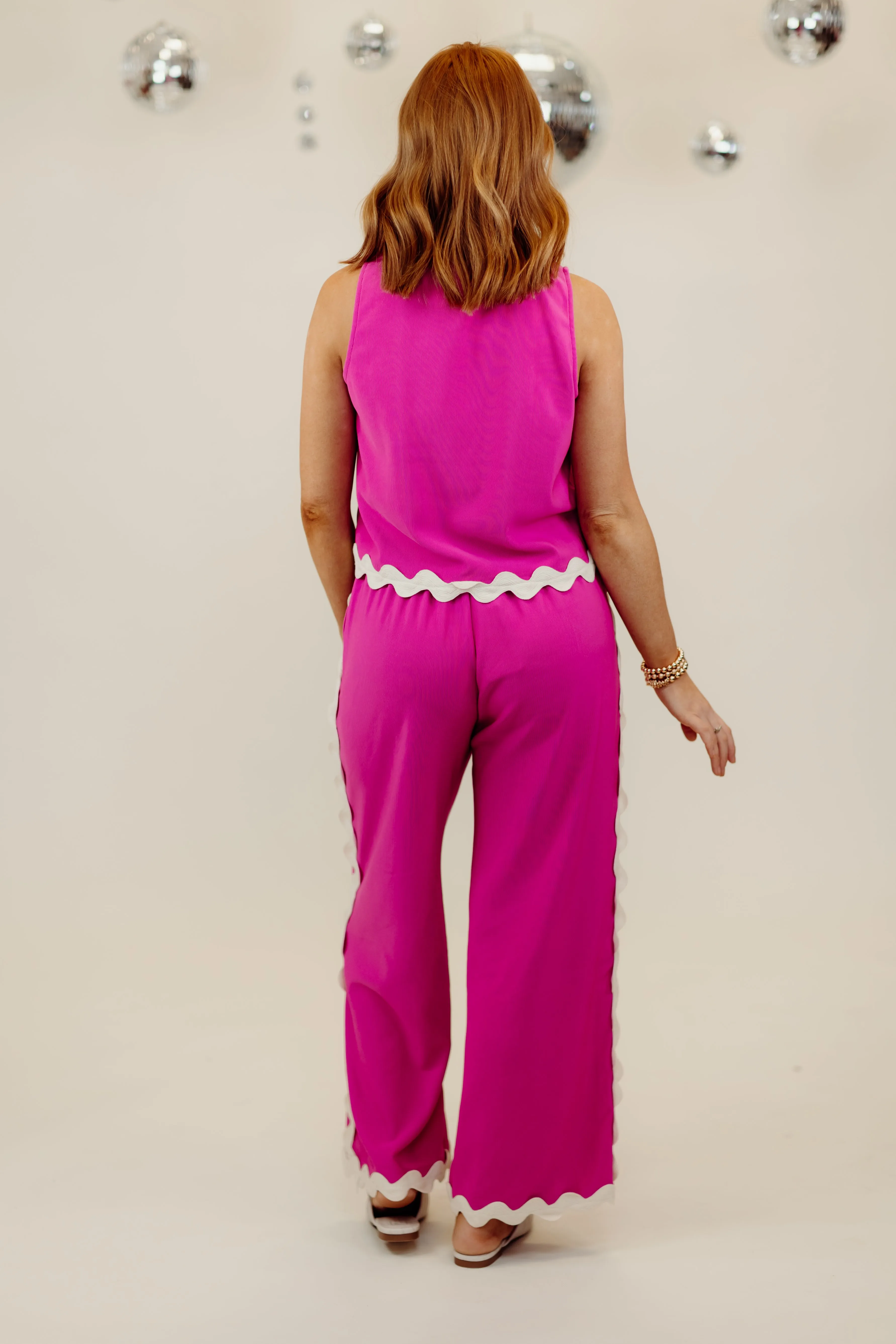 Hot Pink Sleeveless Ric Rac Top and Wide Leg Pant Set