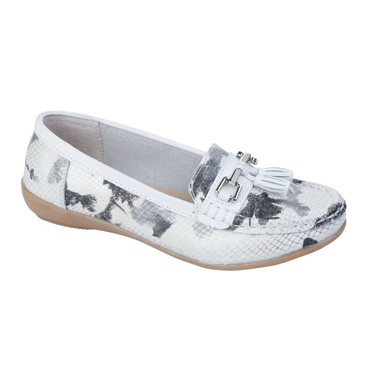 Ladies Leather Slip on White Multi Shoes Helsinki Flat Jo & Joe