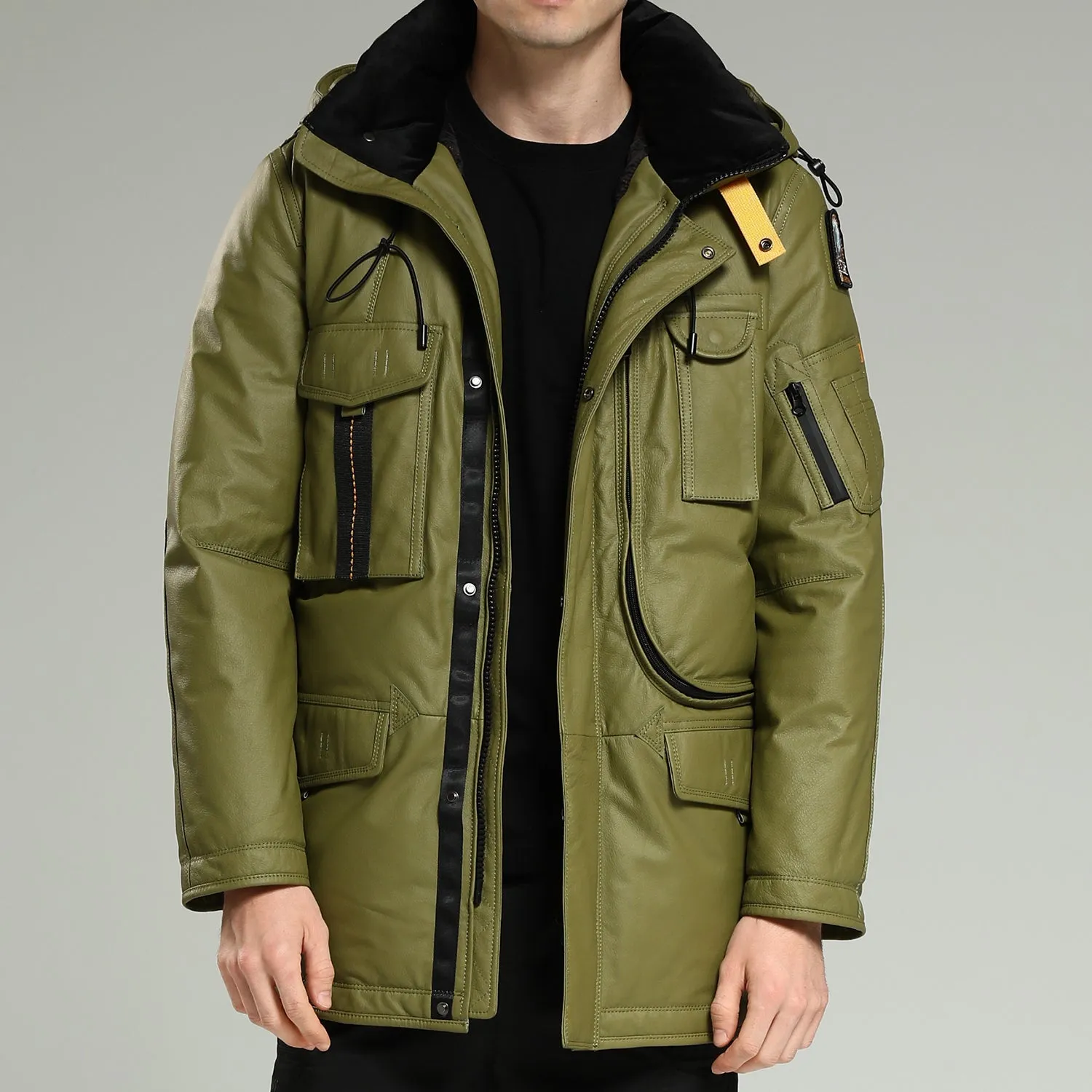 Leather Down Jacket - Men's Long Green Hooded Cowhide Down Jacket