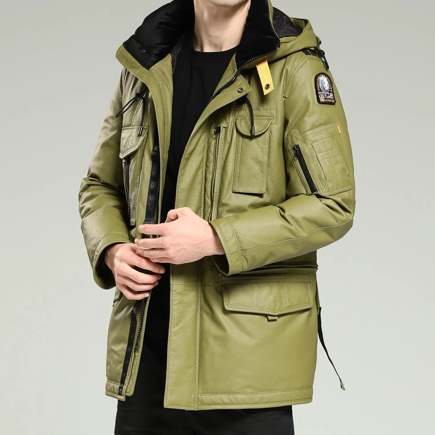 Leather Down Jacket - Men's Long Green Hooded Cowhide Down Jacket