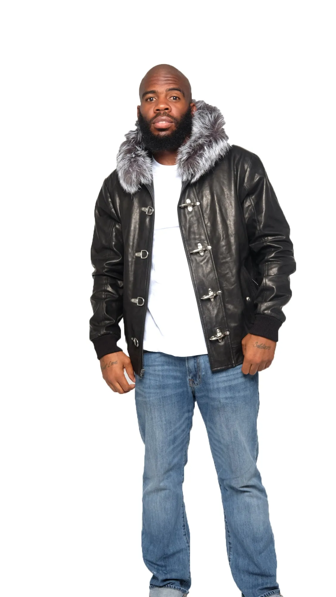 Leather Jacket With Sliver Fox Fur Hood Style #3460