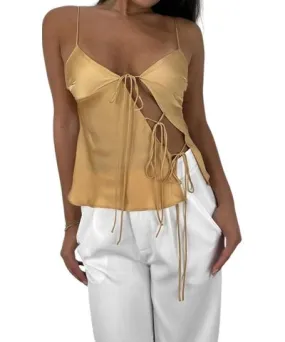 Lioness Asymmetrical Tie Cut Out Satin Tank Top