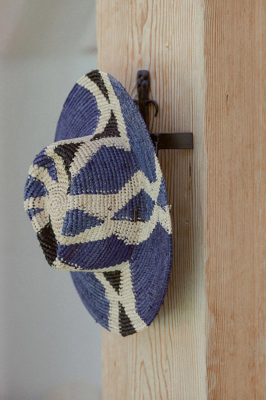 Madeira Pattern Straw Hat - Natural/Blues